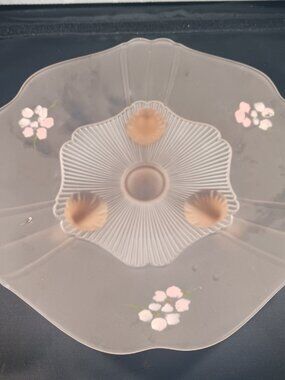 Vintage Pink Frosted Hand Painted Depression Glass Footed Pedestal Cake Stand